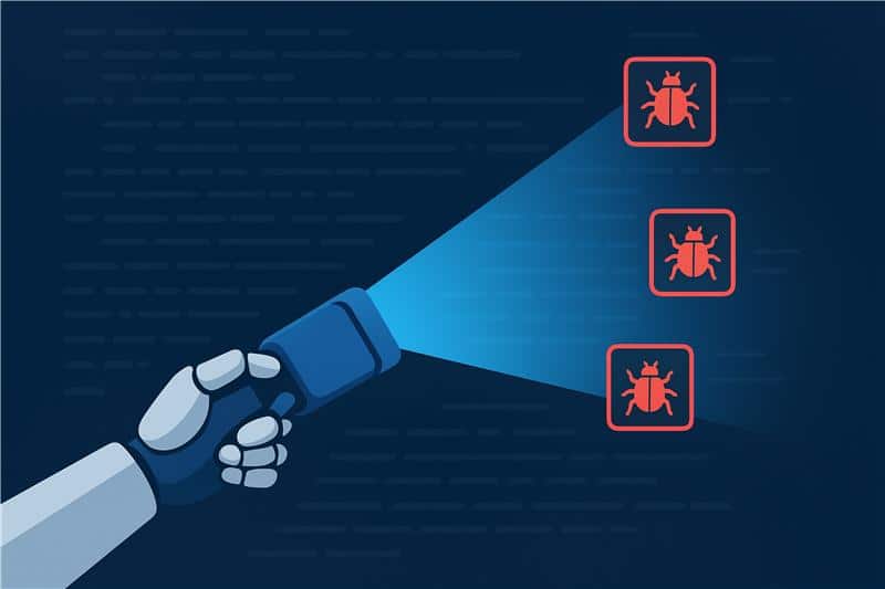 Robotic/AI scanner detecting bugs inside source code.