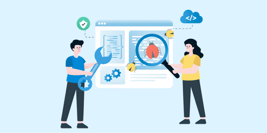 Two people checking defects through a defect management tool.