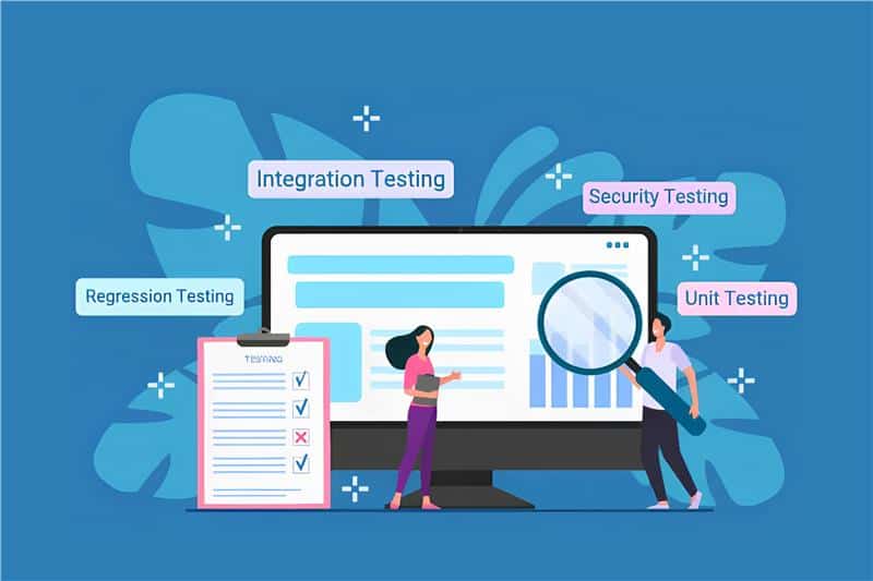Different types of software testing: Integration Testing, Regression Testing, Security Testing, and Unit Testing.